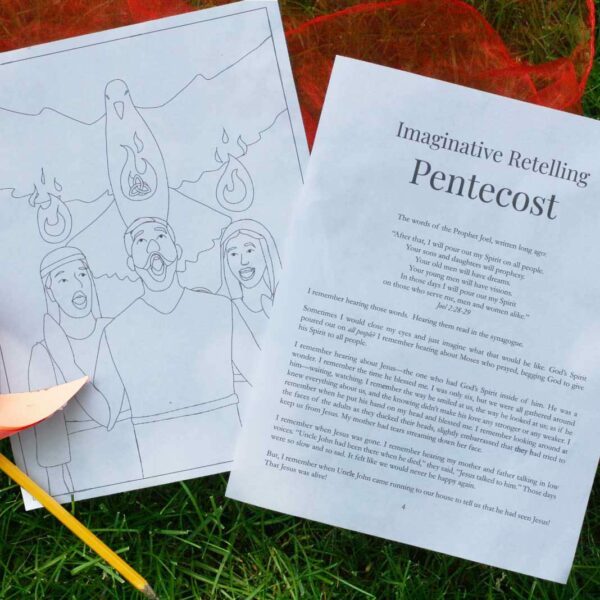 Photo of the interior of the Pentecost Party Packet. One sheet shows a coloring page of the pentecost story, and the other sheet is the written story.