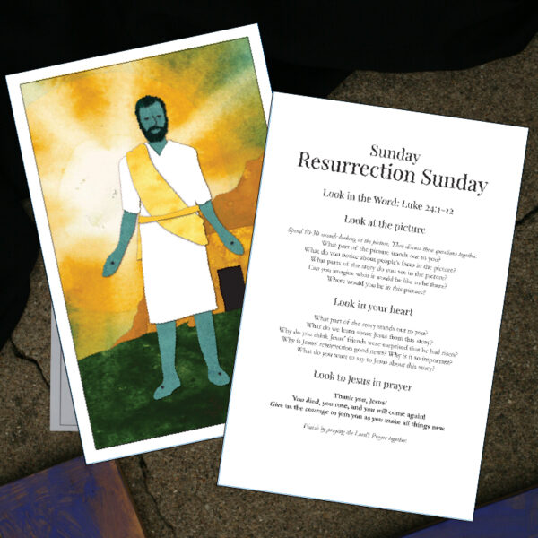 Image of the East Sunday Holy Week Card. One side is an illustration of Jesus standing in front of the empty tomb, and the other side is text.