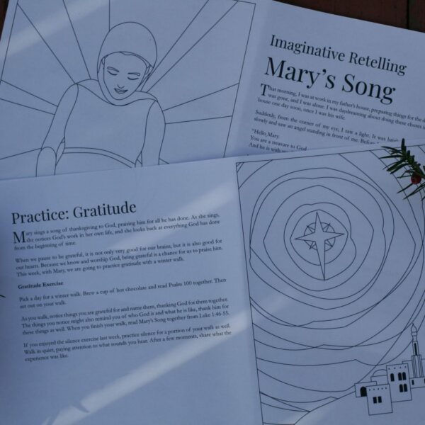 Photo of pages from the Advent worship guide. Shows one page titled "Practice: Gratitude," and one page titled "Imaginative Retelling: Mary's song"